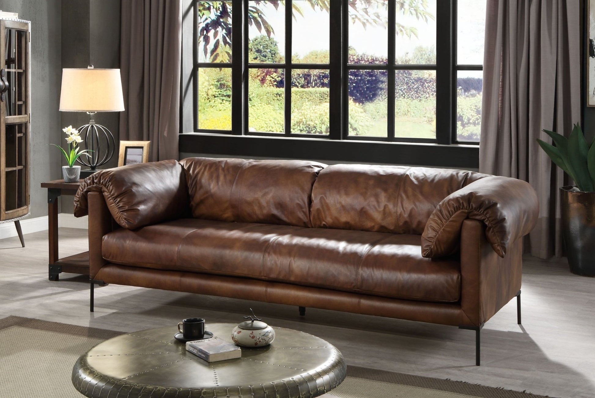 Mocha Top Grain Leather Sofa with Metal Legs - 1st Choice Furniture Direct