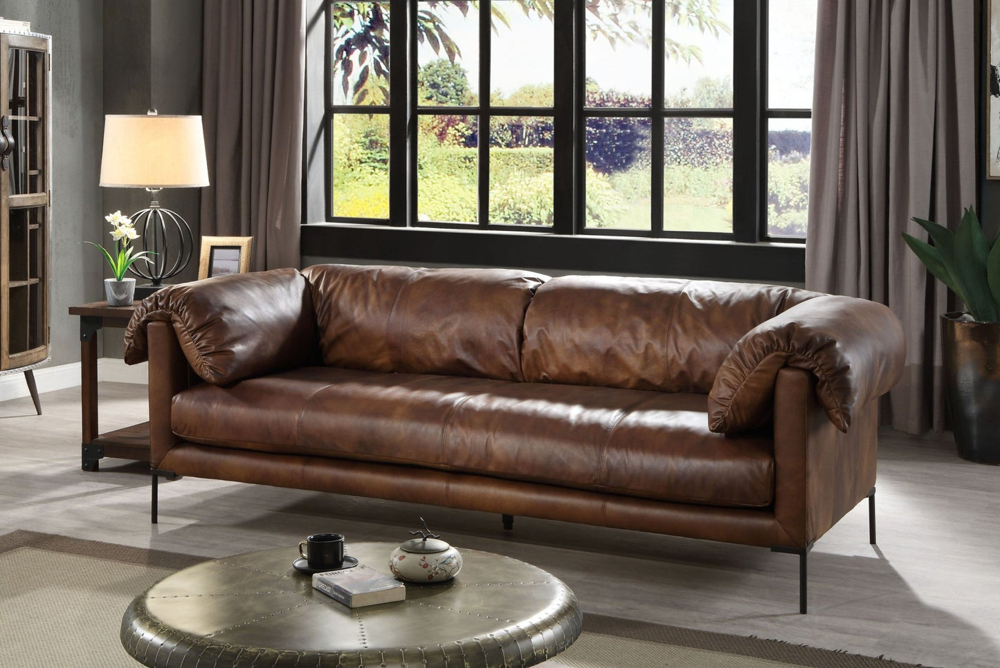 Mocha Top Grain Leather Sofa with Metal Legs - 1st Choice Furniture Direct