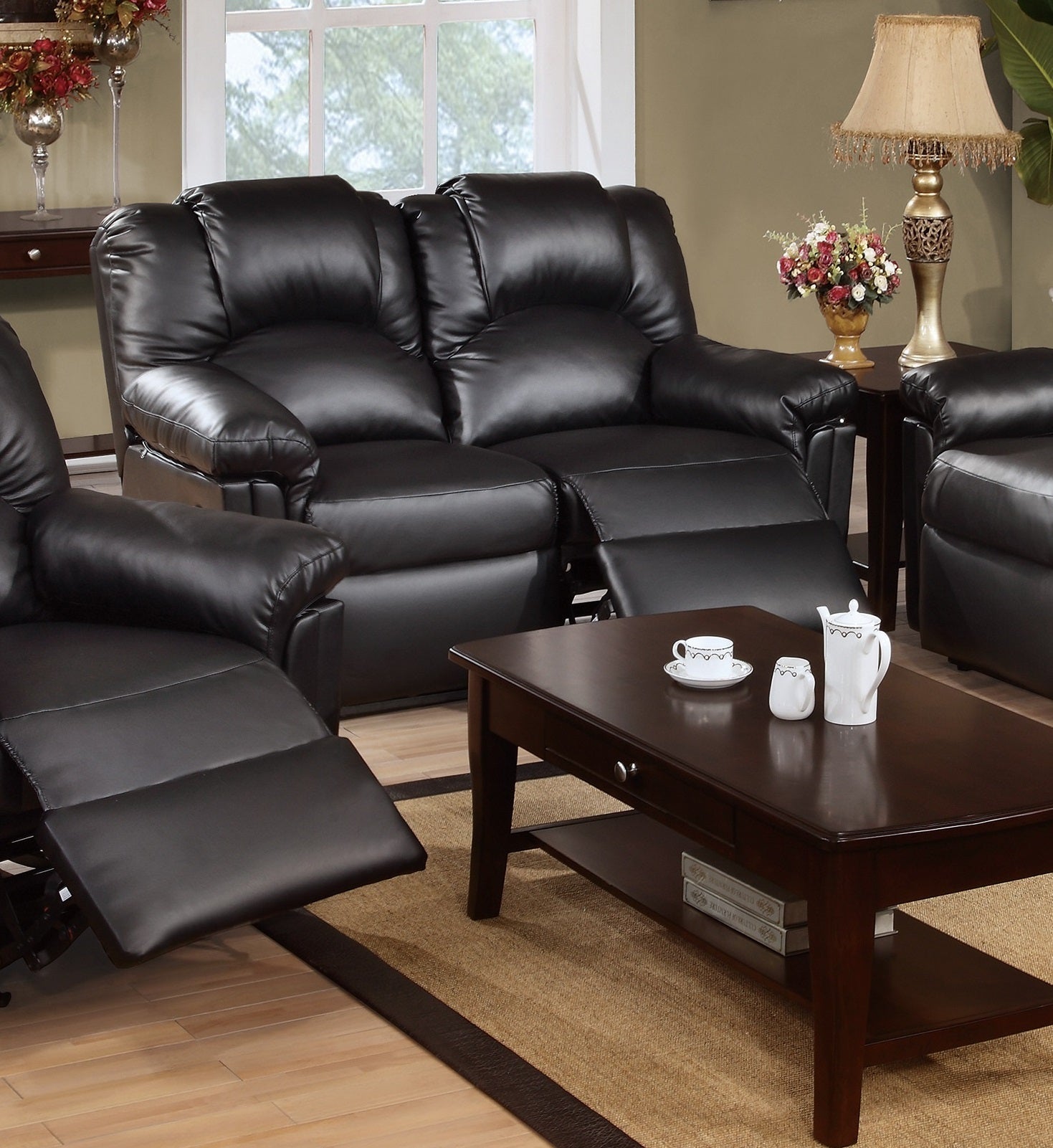 Modern 2pc Living Room Set 1x Loveseat 1x Recliner Cushion Backrest Pillow Armrest Black Finish Primary Living Room Furniture - 1st Choice Furniture Direct