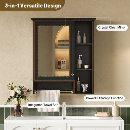 Modern 3 - in - 1 Bathroom Mirror Cabinet with Adjustable Shelf & Towel Bar, High - Definition Mirror in Black Finish, MDF and Rubber Wood Construction, 24 - Inch Wall - Mounted Storage - 1st Choice Furniture Direct