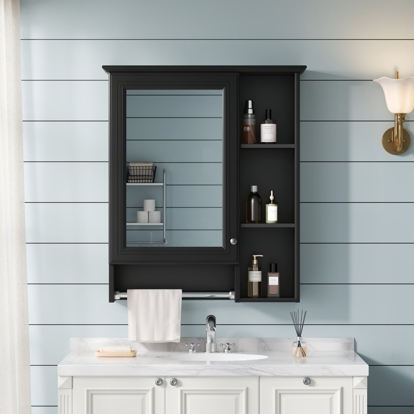 Modern 3 - in - 1 Bathroom Mirror Cabinet with Adjustable Shelf & Towel Bar, High - Definition Mirror in Black Finish, MDF and Rubber Wood Construction, 24 - Inch Wall - Mounted Storage - 1st Choice Furniture Direct