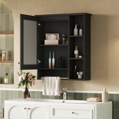 Modern 3 - in - 1 Bathroom Mirror Cabinet with Adjustable Shelf & Towel Bar, High - Definition Mirror in Black Finish, MDF and Rubber Wood Construction, 24 - Inch Wall - Mounted Storage - 1st Choice Furniture Direct
