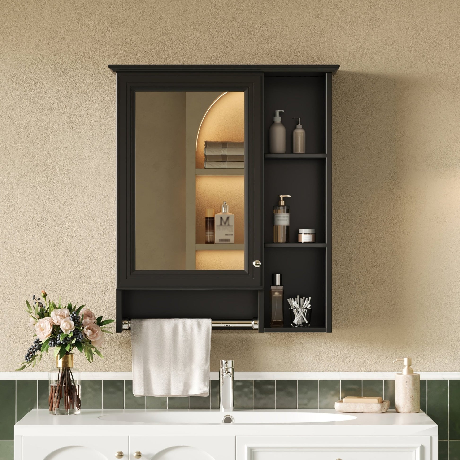 Modern 3 - in - 1 Bathroom Mirror Cabinet with Adjustable Shelf & Towel Bar, High - Definition Mirror in Black Finish, MDF and Rubber Wood Construction, 24 - Inch Wall - Mounted Storage - 1st Choice Furniture Direct