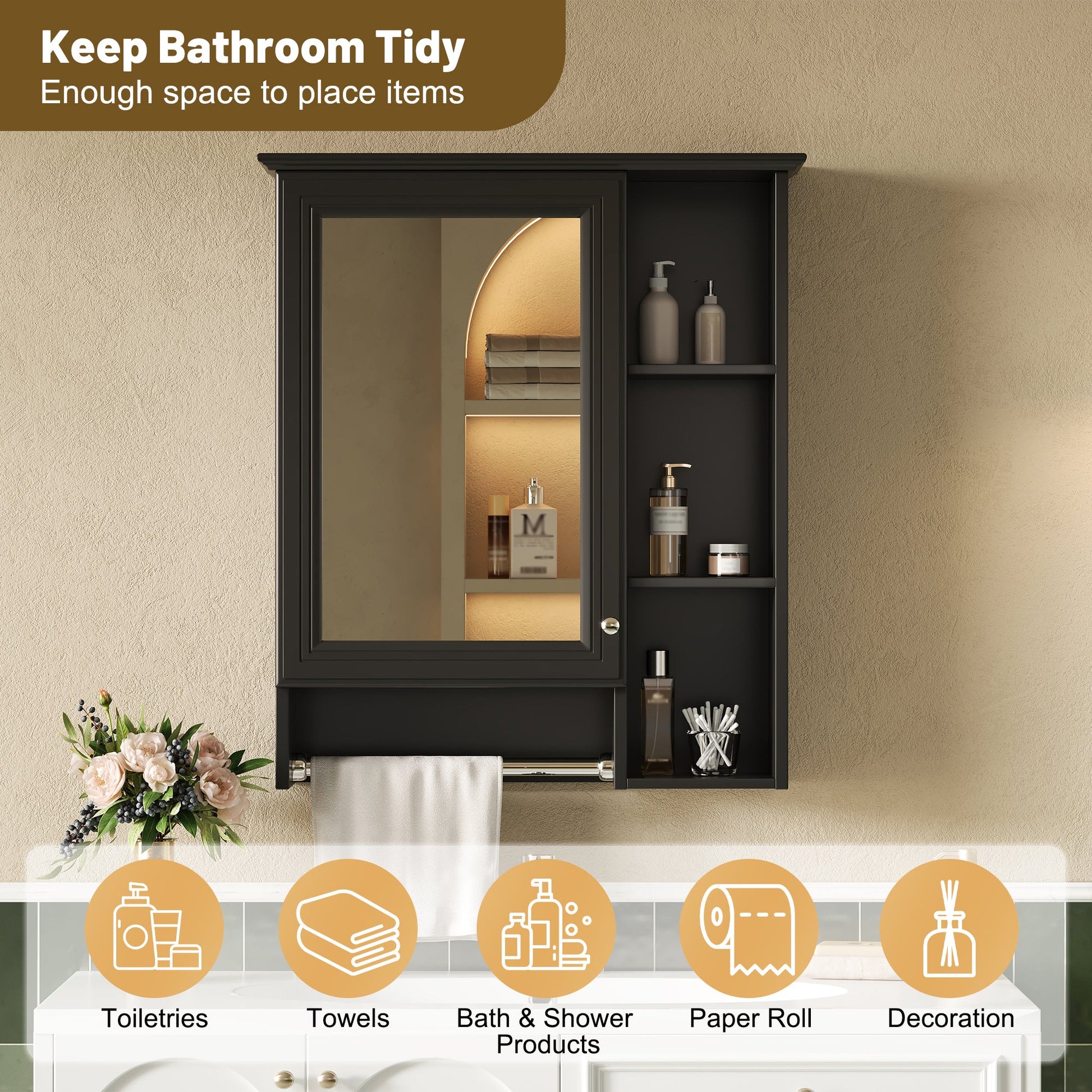 Modern 3 - in - 1 Bathroom Mirror Cabinet with Adjustable Shelf & Towel Bar, High - Definition Mirror in Black Finish, MDF and Rubber Wood Construction, 24 - Inch Wall - Mounted Storage - 1st Choice Furniture Direct