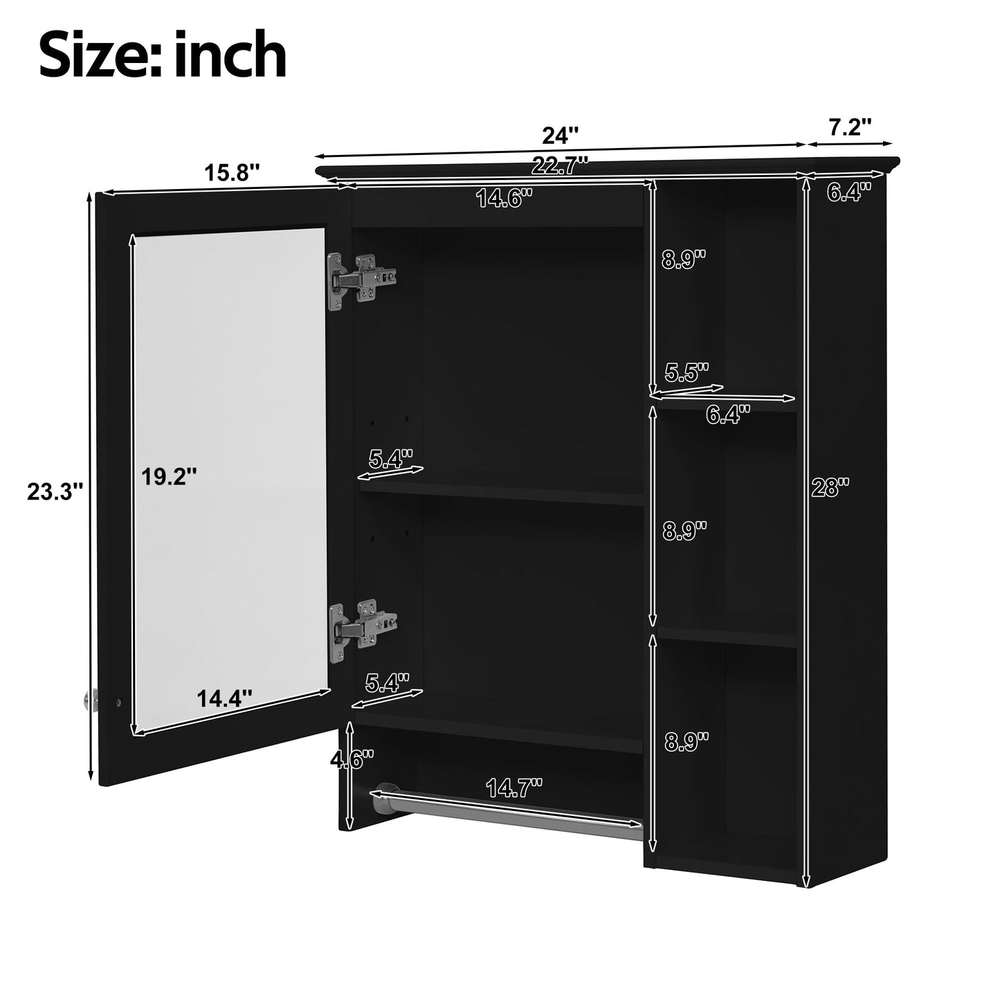 Modern 3 - in - 1 Bathroom Mirror Cabinet with Adjustable Shelf & Towel Bar, High - Definition Mirror in Black Finish, MDF and Rubber Wood Construction, 24 - Inch Wall - Mounted Storage - 1st Choice Furniture Direct