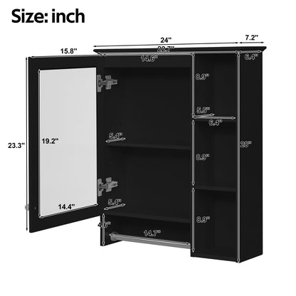 Modern 3 - in - 1 Bathroom Mirror Cabinet with Adjustable Shelf & Towel Bar, High - Definition Mirror in Black Finish, MDF and Rubber Wood Construction, 24 - Inch Wall - Mounted Storage - 1st Choice Furniture Direct