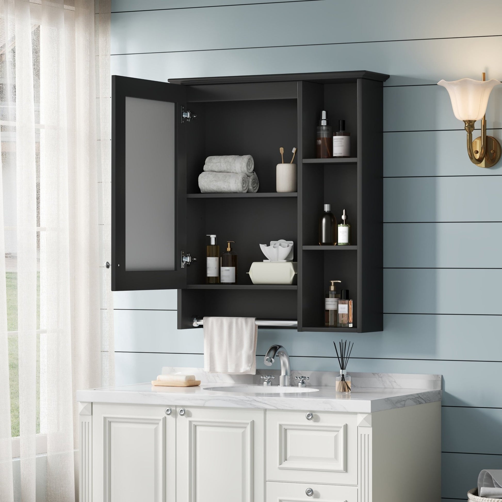 Modern 3 - in - 1 Bathroom Mirror Cabinet with Adjustable Shelf & Towel Bar, High - Definition Mirror in Black Finish, MDF and Rubber Wood Construction, 24 - Inch Wall - Mounted Storage - 1st Choice Furniture Direct