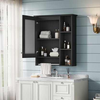 Modern 3 - in - 1 Bathroom Mirror Cabinet with Adjustable Shelf & Towel Bar, High - Definition Mirror in Black Finish, MDF and Rubber Wood Construction, 24 - Inch Wall - Mounted Storage - 1st Choice Furniture Direct