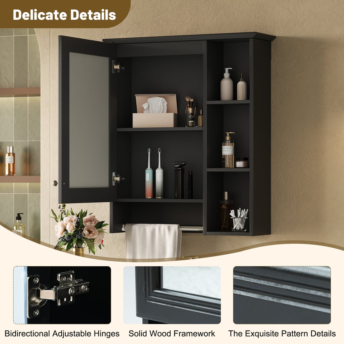 Modern 3 - in - 1 Bathroom Mirror Cabinet with Adjustable Shelf & Towel Bar, High - Definition Mirror in Black Finish, MDF and Rubber Wood Construction, 24 - Inch Wall - Mounted Storage - 1st Choice Furniture Direct
