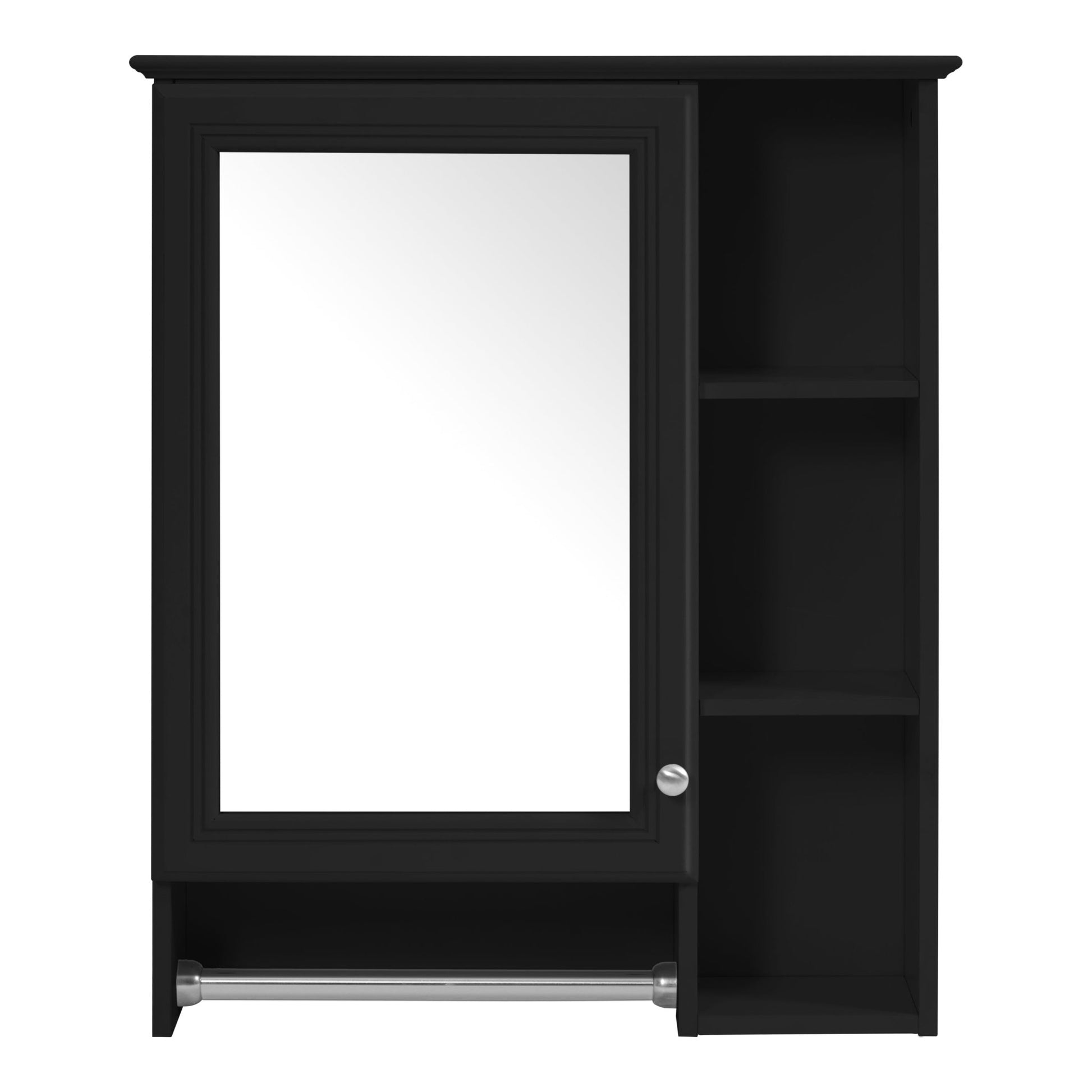 Modern 3 - in - 1 Bathroom Mirror Cabinet with Adjustable Shelf & Towel Bar, High - Definition Mirror in Black Finish, MDF and Rubber Wood Construction, 24 - Inch Wall - Mounted Storage - 1st Choice Furniture Direct