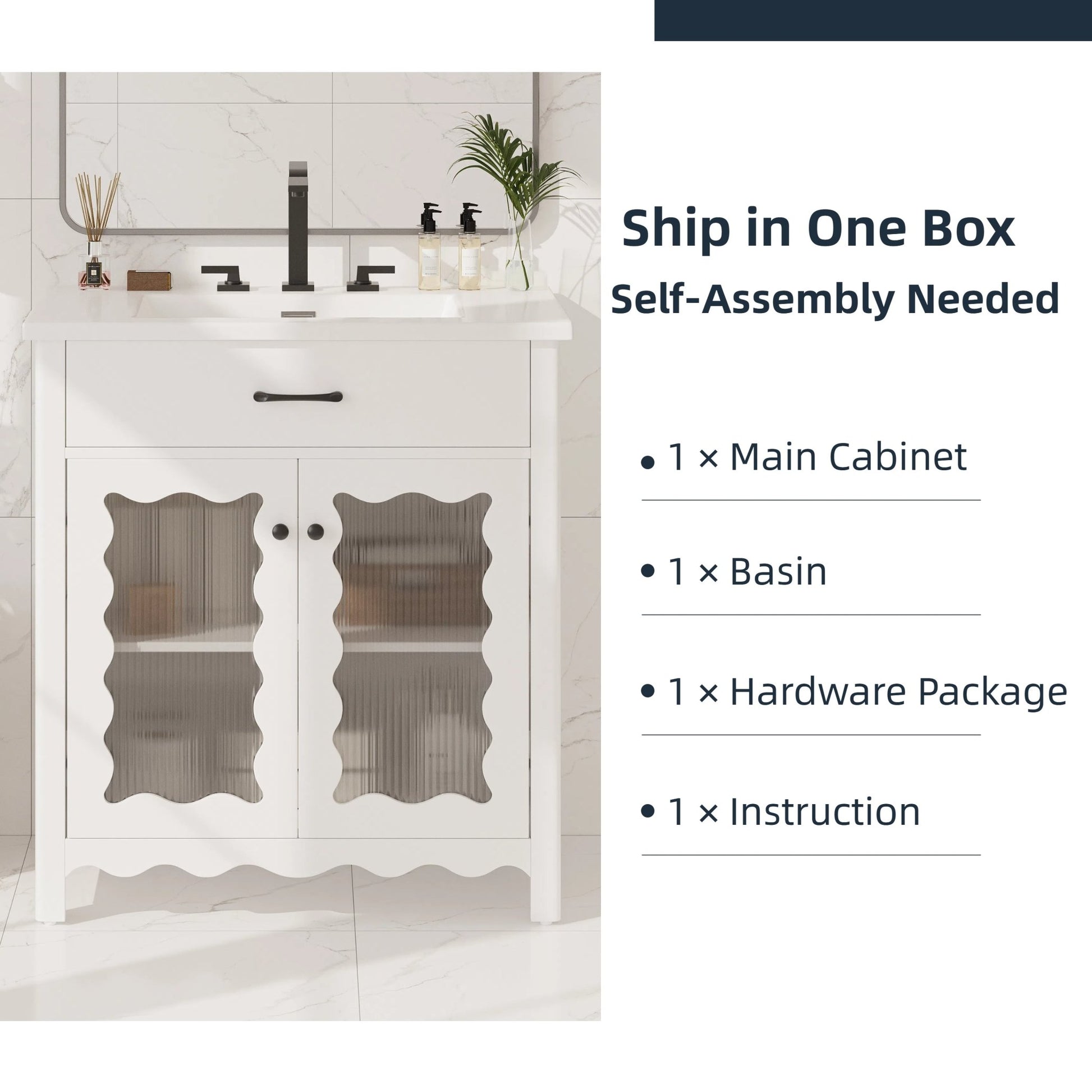 Modern 31' White Bathroom Vanity with Tempered Glass Doors, Rubber Wood Legs, Soft - Close Hinges, and Ceramic Sink - 1st Choice Furniture Direct