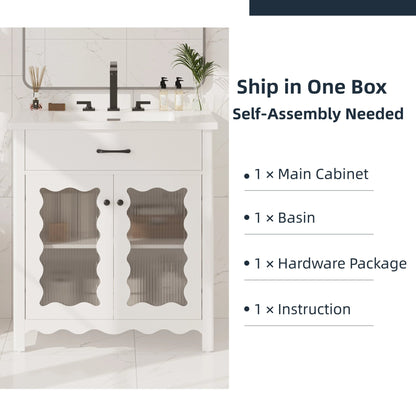 Modern 31' White Bathroom Vanity with Tempered Glass Doors, Rubber Wood Legs, Soft - Close Hinges, and Ceramic Sink - 1st Choice Furniture Direct