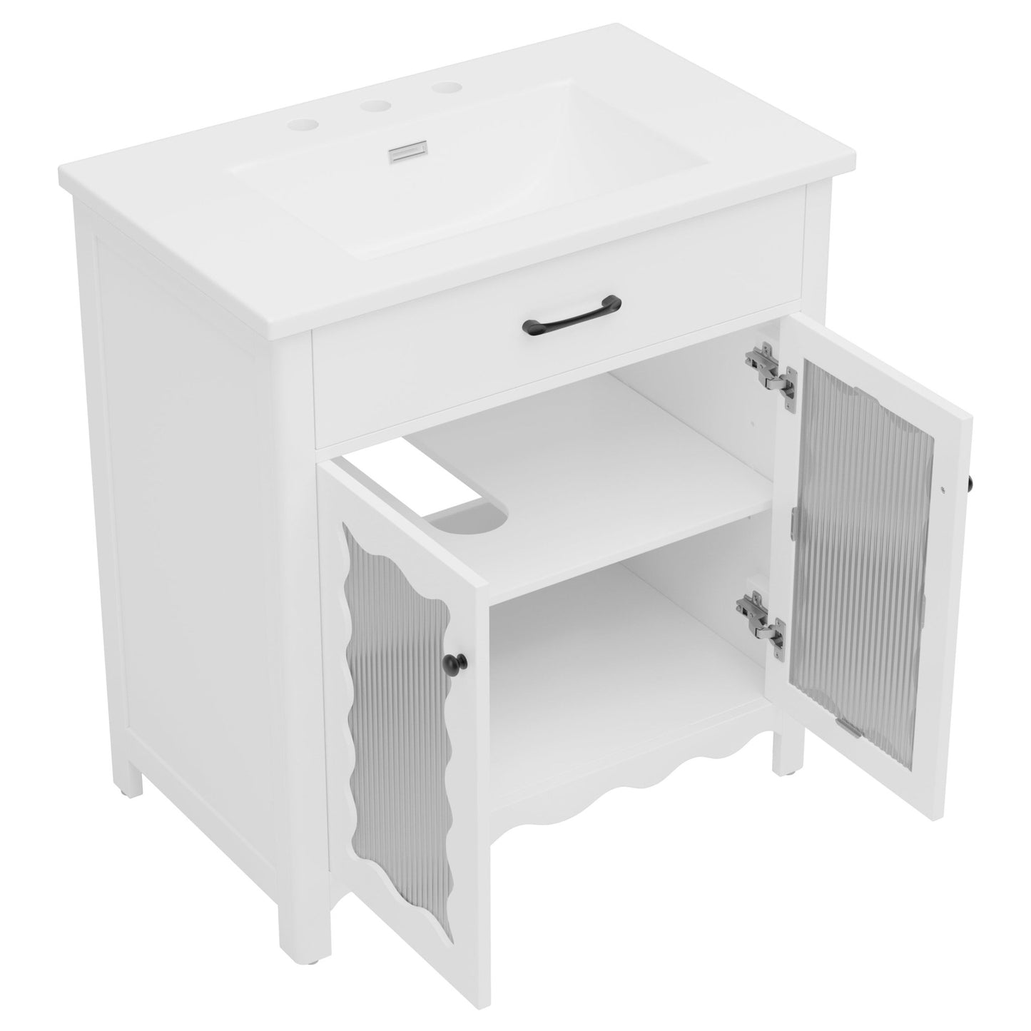 Modern 31' White Bathroom Vanity with Tempered Glass Doors, Rubber Wood Legs, Soft - Close Hinges, and Ceramic Sink - 1st Choice Furniture Direct