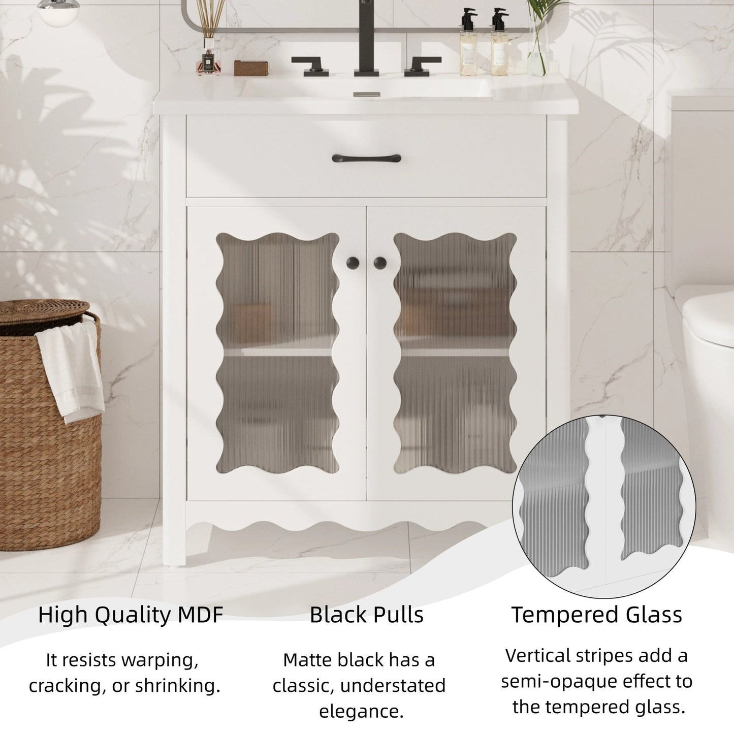 Modern 31' White Bathroom Vanity with Tempered Glass Doors, Rubber Wood Legs, Soft - Close Hinges, and Ceramic Sink - 1st Choice Furniture Direct