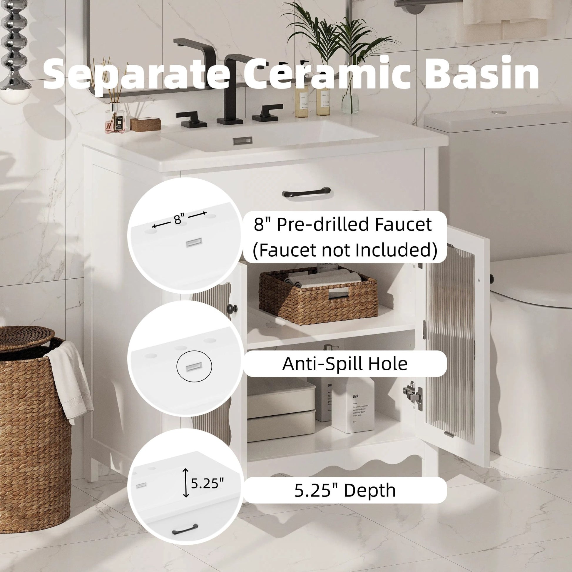 Modern 31' White Bathroom Vanity with Tempered Glass Doors, Rubber Wood Legs, Soft - Close Hinges, and Ceramic Sink - 1st Choice Furniture Direct