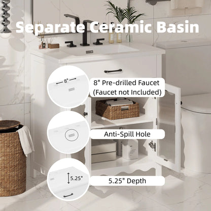 Modern 31' White Bathroom Vanity with Tempered Glass Doors, Rubber Wood Legs, Soft - Close Hinges, and Ceramic Sink - 1st Choice Furniture Direct