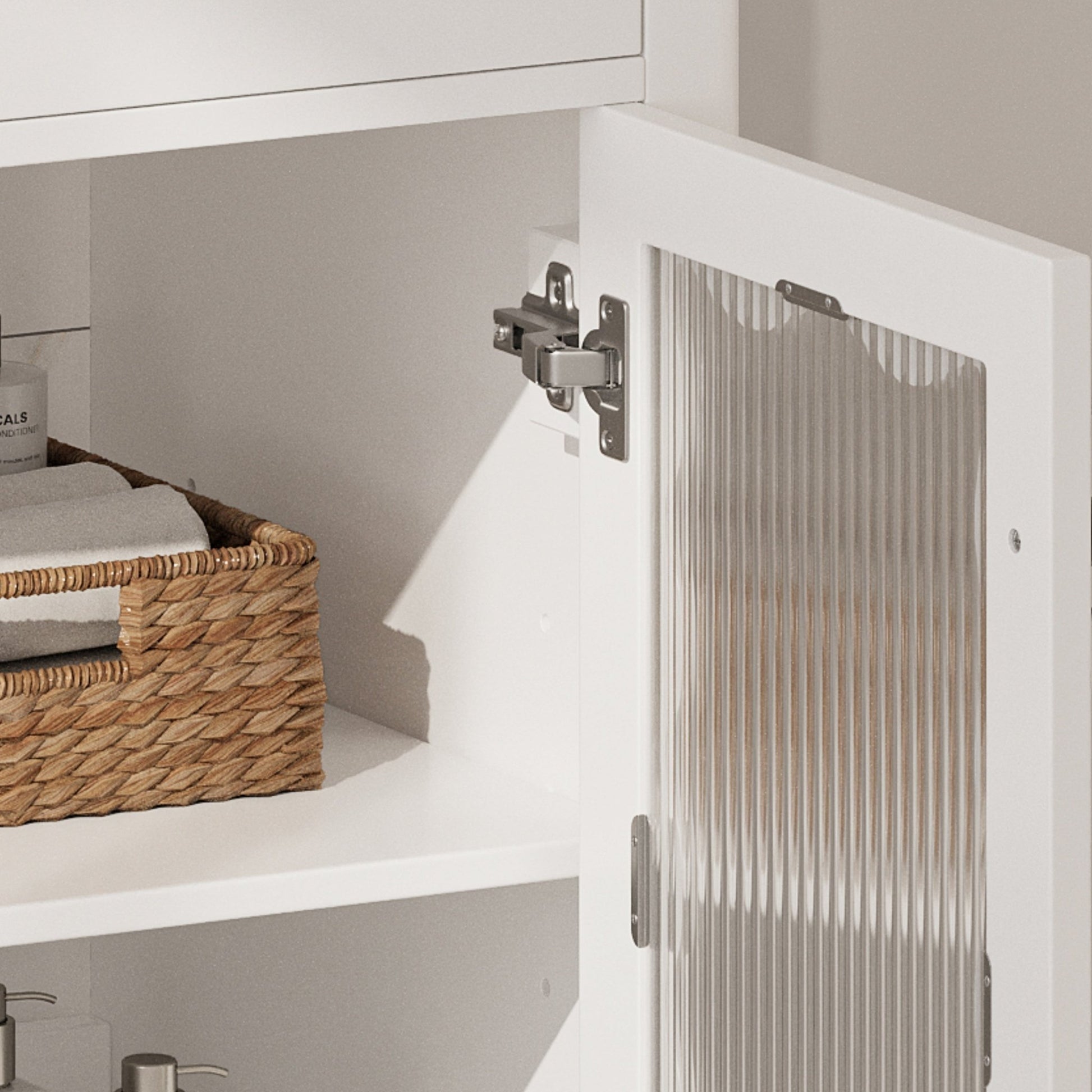 Modern 31' White Bathroom Vanity with Tempered Glass Doors, Rubber Wood Legs, Soft - Close Hinges, and Ceramic Sink - 1st Choice Furniture Direct