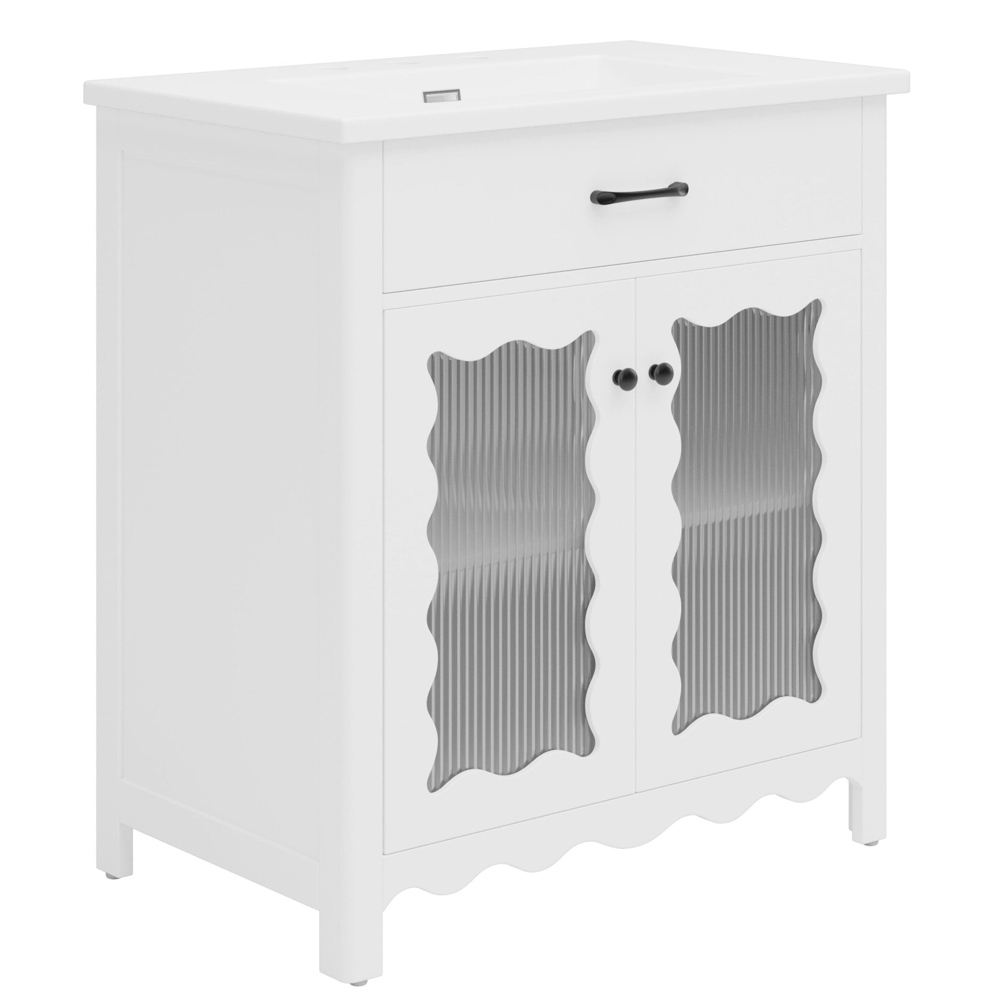 Modern 31' White Bathroom Vanity with Tempered Glass Doors, Rubber Wood Legs, Soft - Close Hinges, and Ceramic Sink - 1st Choice Furniture Direct
