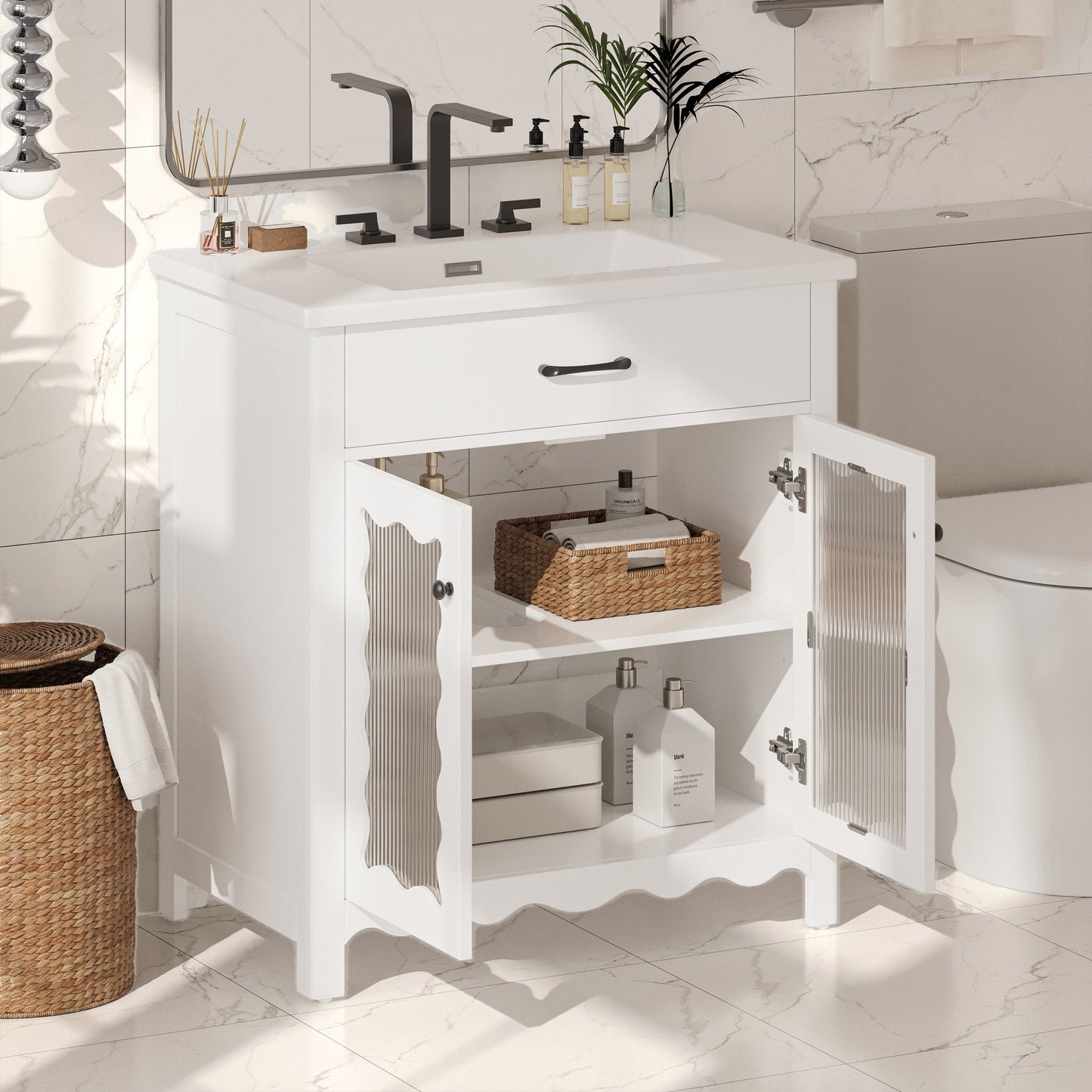 Modern 31' White Bathroom Vanity with Tempered Glass Doors, Rubber Wood Legs, Soft - Close Hinges, and Ceramic Sink - 1st Choice Furniture Direct