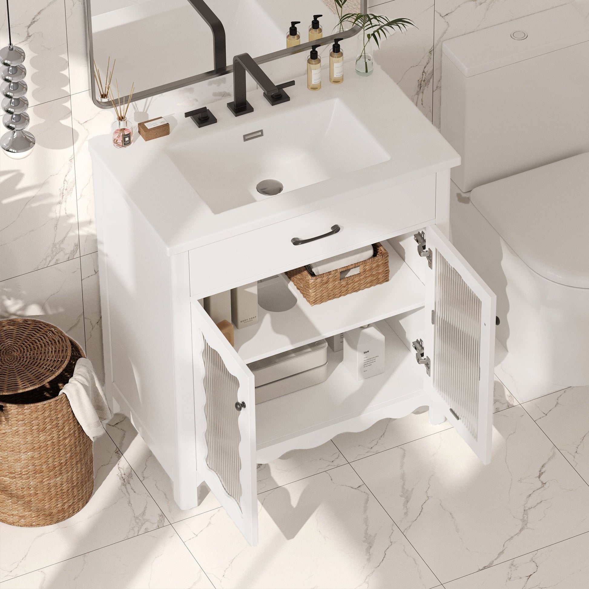 Modern 31' White Bathroom Vanity with Tempered Glass Doors, Rubber Wood Legs, Soft - Close Hinges, and Ceramic Sink - 1st Choice Furniture Direct