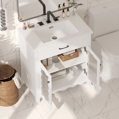 Modern 31' White Bathroom Vanity with Tempered Glass Doors, Rubber Wood Legs, Soft - Close Hinges, and Ceramic Sink - 1st Choice Furniture Direct