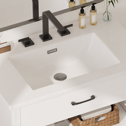 Modern 31' White Bathroom Vanity with Tempered Glass Doors, Rubber Wood Legs, Soft - Close Hinges, and Ceramic Sink - 1st Choice Furniture Direct