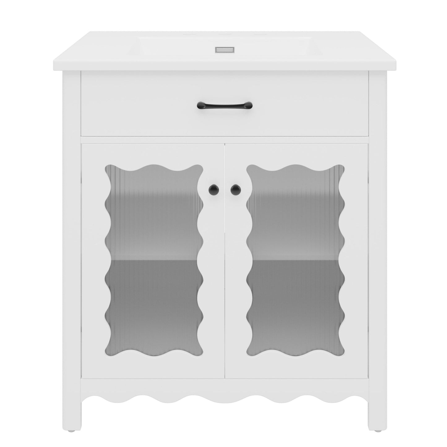 Modern 31' White Bathroom Vanity with Tempered Glass Doors, Rubber Wood Legs, Soft - Close Hinges, and Ceramic Sink - 1st Choice Furniture Direct