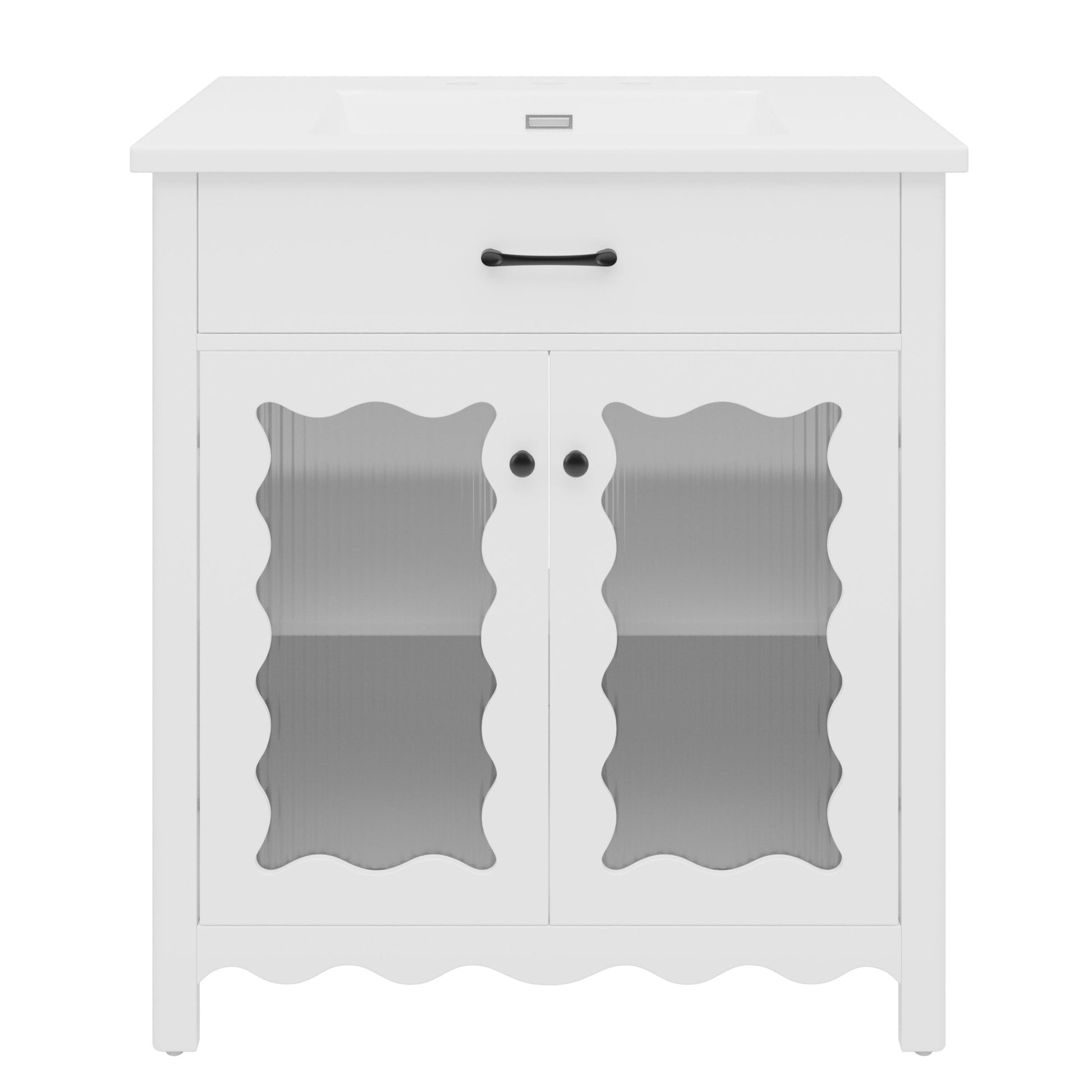 Modern 31' White Bathroom Vanity with Tempered Glass Doors, Rubber Wood Legs, Soft - Close Hinges, and Ceramic Sink - 1st Choice Furniture Direct