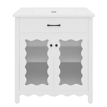 Modern 31' White Bathroom Vanity with Tempered Glass Doors, Rubber Wood Legs, Soft - Close Hinges, and Ceramic Sink - 1st Choice Furniture Direct