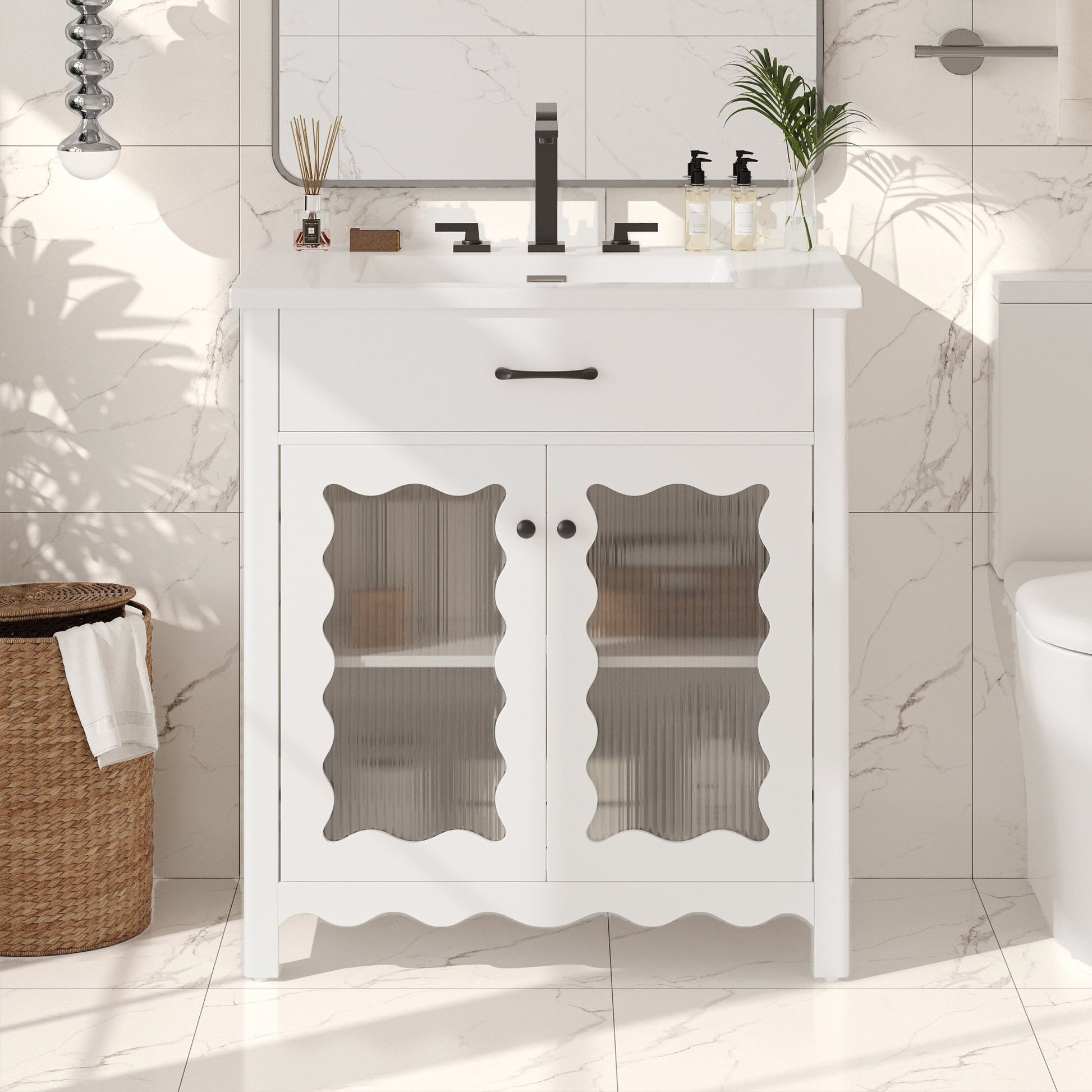 Modern 31' White Bathroom Vanity with Tempered Glass Doors, Rubber Wood Legs, Soft - Close Hinges, and Ceramic Sink - 1st Choice Furniture Direct