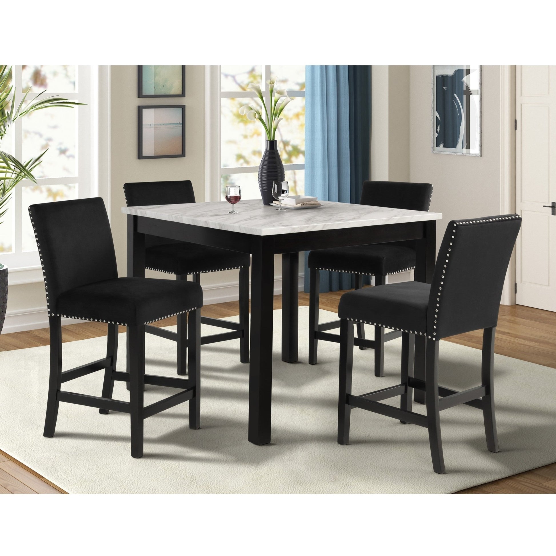 Modern 5pc Counter Height Dining Set with White Faux Marble Table, Black Velvet Upholstered Tufted Nail Head Chairs, Wooden Legs in Black Finish - 1st Choice Furniture Direct