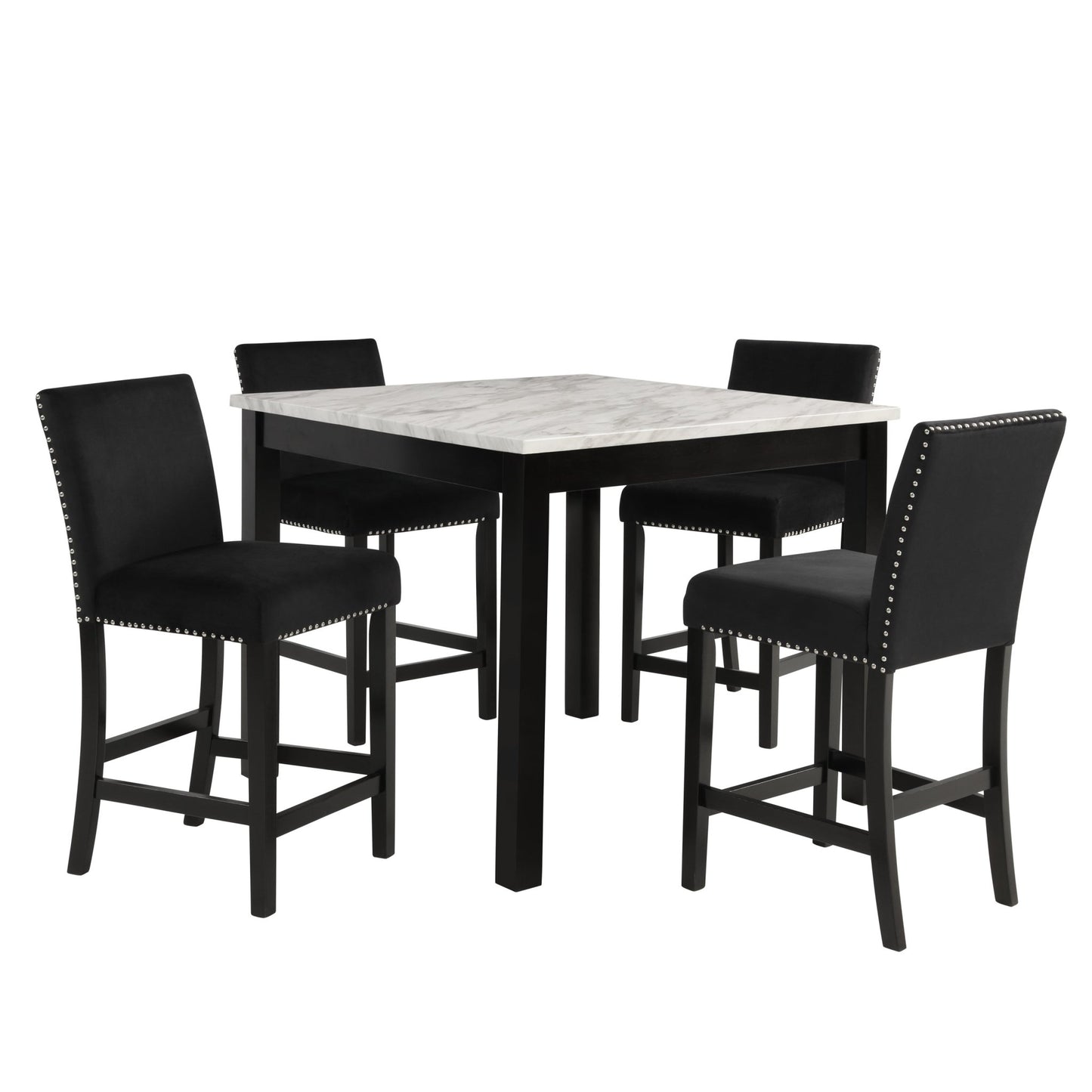 Modern 5pc Counter Height Dining Set with White Faux Marble Table, Black Velvet Upholstered Tufted Nail Head Chairs, Wooden Legs in Black Finish - 1st Choice Furniture Direct