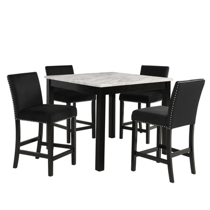 Modern 5pc Counter Height Dining Set with White Faux Marble Table, Black Velvet Upholstered Tufted Nail Head Chairs, Wooden Legs in Black Finish - 1st Choice Furniture Direct