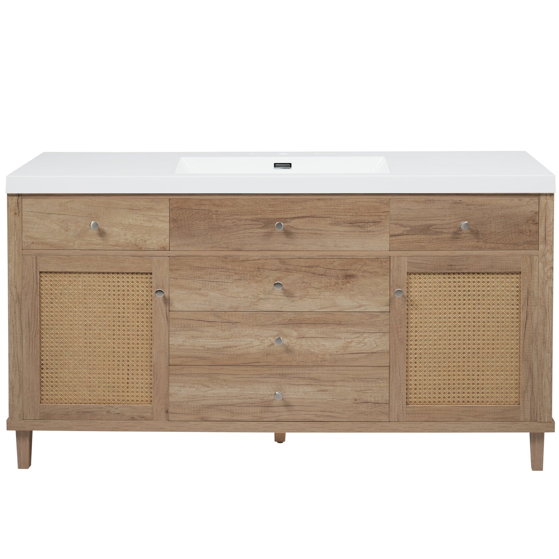Modern 60' Bathroom Vanity with SMC Sink, Natural Wood Grain Finish, Rattan Doors, Silver Knobs, 5 Pine Legs, Soft Close Drawers - 1st Choice Furniture Direct