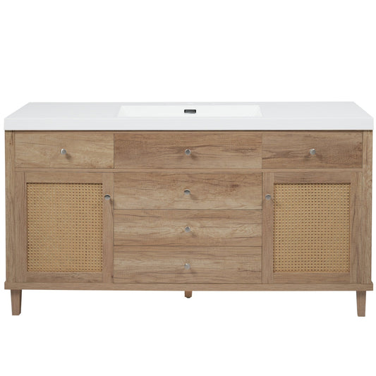 Modern 60' Bathroom Vanity with SMC Sink, Natural Wood Grain Finish, Rattan Doors, Silver Knobs, 5 Pine Legs, Soft Close Drawers - 1st Choice Furniture Direct