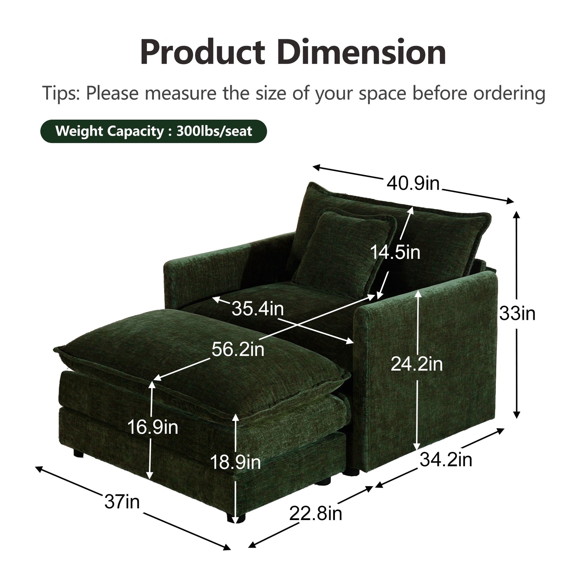 Modern Accent Chair with Ottoman, Living Room Club Chair Chenille Upholstered Armchair , Reading Chair for Bedroom, Green Chenille - 1st Choice Furniture Direct