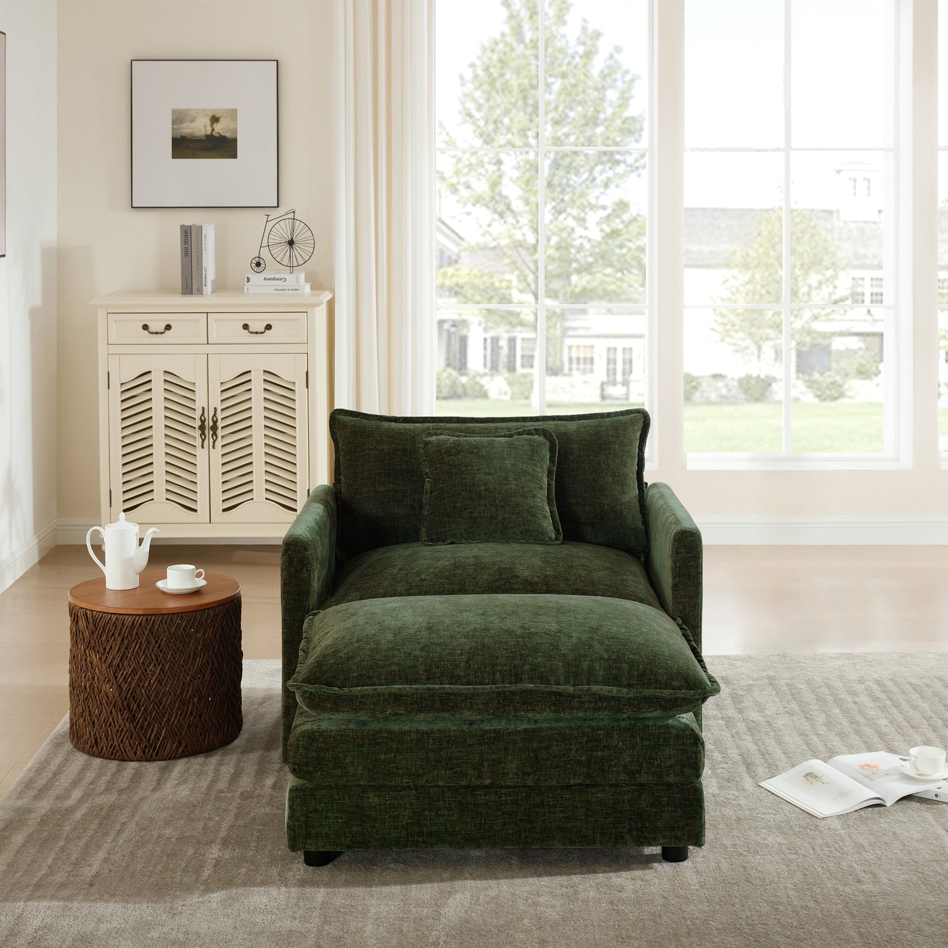 Modern Accent Chair with Ottoman, Living Room Club Chair Chenille Upholstered Armchair , Reading Chair for Bedroom, Green Chenille - 1st Choice Furniture Direct