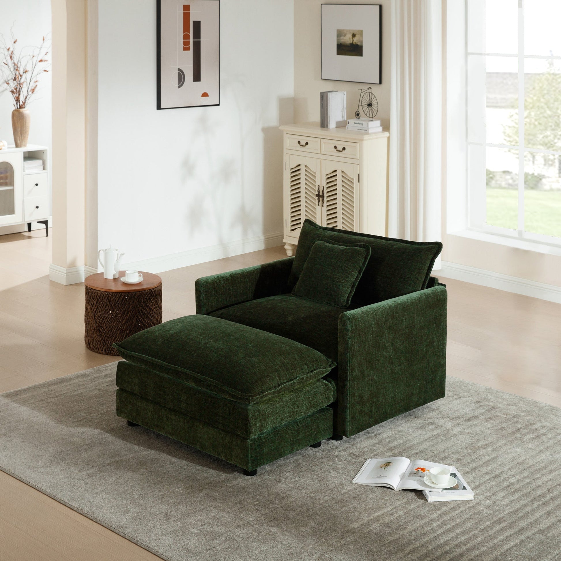 Modern Accent Chair with Ottoman, Living Room Club Chair Chenille Upholstered Armchair , Reading Chair for Bedroom, Green Chenille - 1st Choice Furniture Direct