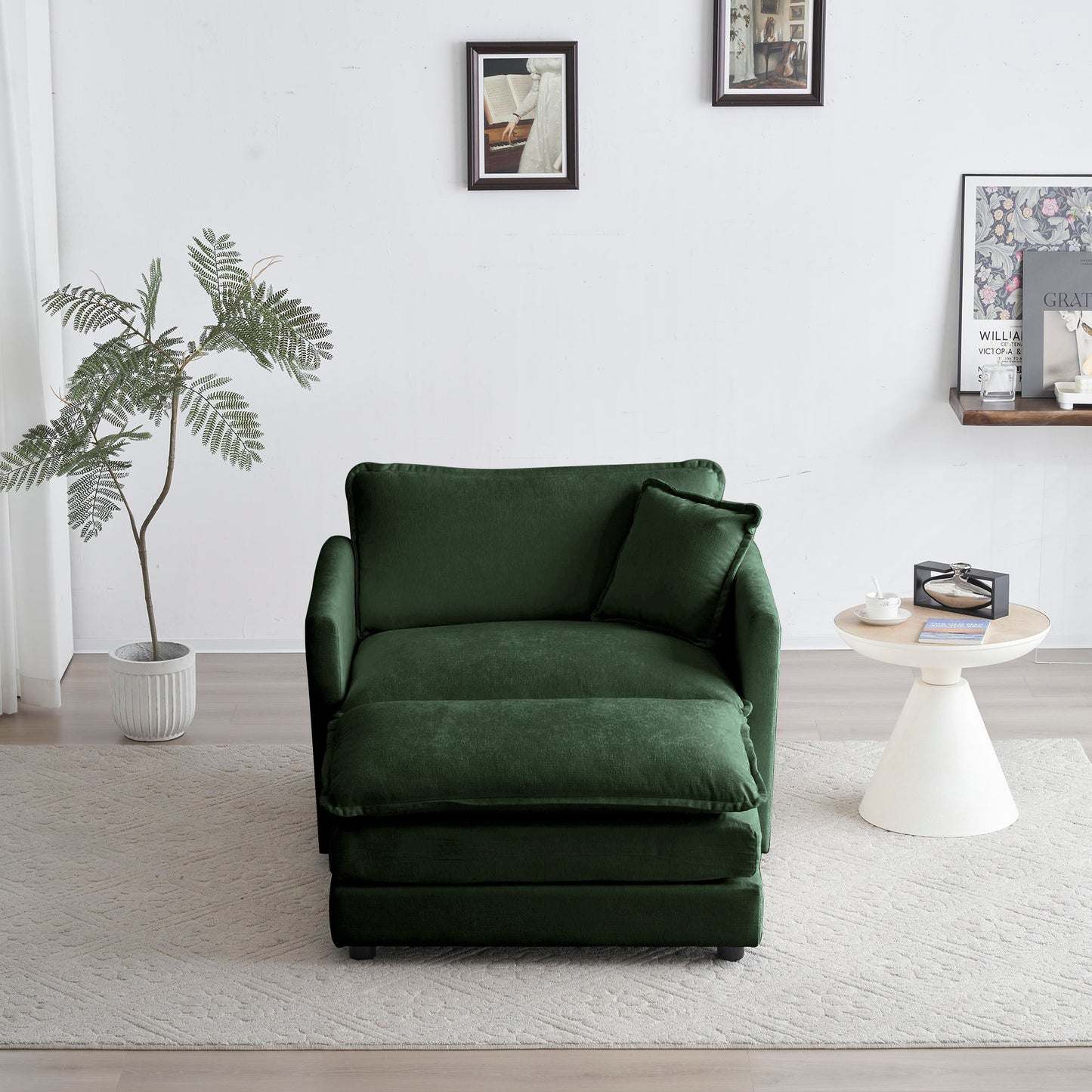 Modern Accent Chair with Ottoman, Living Room Club Chair Chenille Upholstered Armchair , Reading Chair for Bedroom, Green Chenille - 1st Choice Furniture Direct
