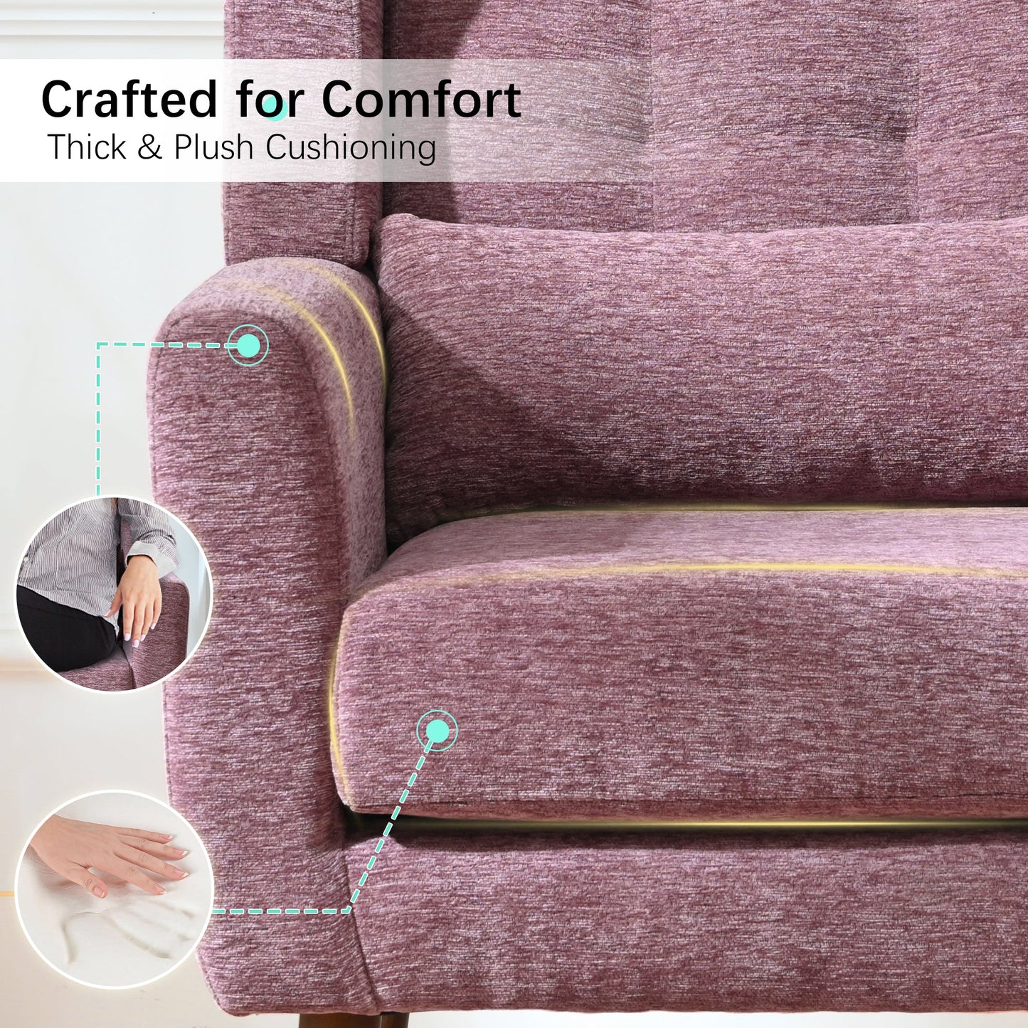 Modern Accent Chair,Chenille Living Room Lounge Chair w/ Throw Pillow,Comfy Reading Chair,Mid Century Living Room Chair, Lounge Arm Chairs Armchair for Living Room Bedroom (Purple) - 1st Choice Furniture Direct