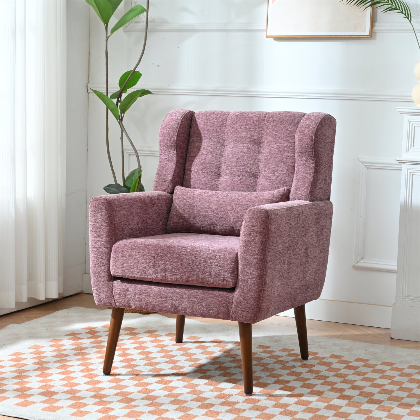 Modern Accent Chair,Chenille Living Room Lounge Chair w/ Throw Pillow,Comfy Reading Chair,Mid Century Living Room Chair, Lounge Arm Chairs Armchair for Living Room Bedroom (Purple) - 1st Choice Furniture Direct