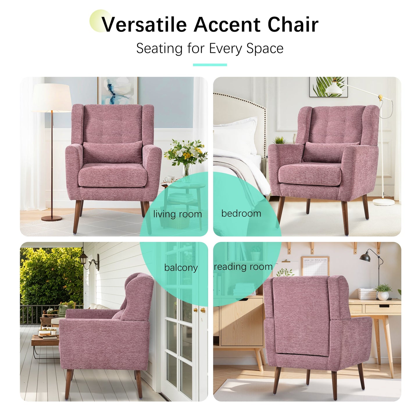 Modern Accent Chair,Chenille Living Room Lounge Chair w/ Throw Pillow,Comfy Reading Chair,Mid Century Living Room Chair, Lounge Arm Chairs Armchair for Living Room Bedroom (Purple) - 1st Choice Furniture Direct
