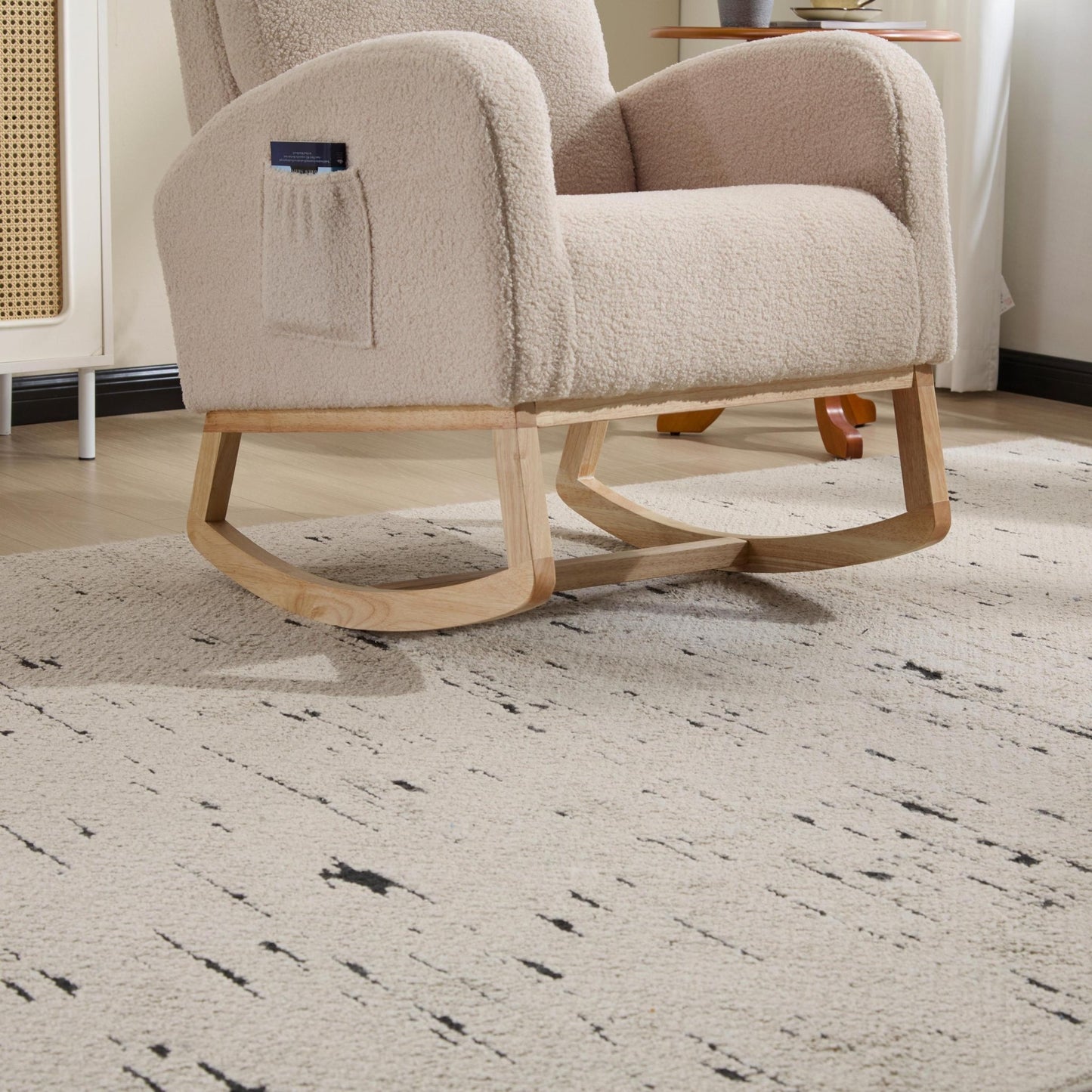 Modern Accent Rocking Chair Rocking Chair with Solid Wood Legs, Upholstered Nursery Glider Rocker, Comfy Armchair with Side Pocket, Living Room Lounge Arm Chair with High Backrest (beige,teddy) - 1st Choice Furniture Direct