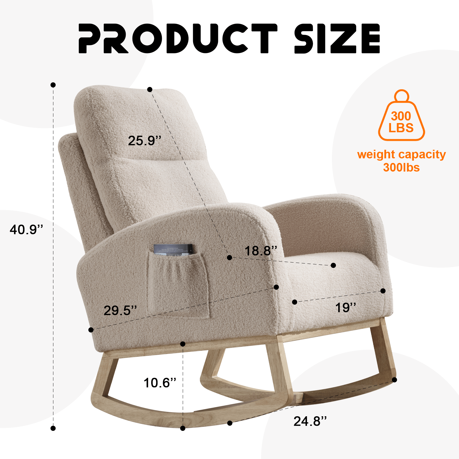 Modern Accent Rocking Chair Rocking Chair with Solid Wood Legs, Upholstered Nursery Glider Rocker, Comfy Armchair with Side Pocket, Living Room Lounge Arm Chair with High Backrest (beige,teddy) - 1st Choice Furniture Direct