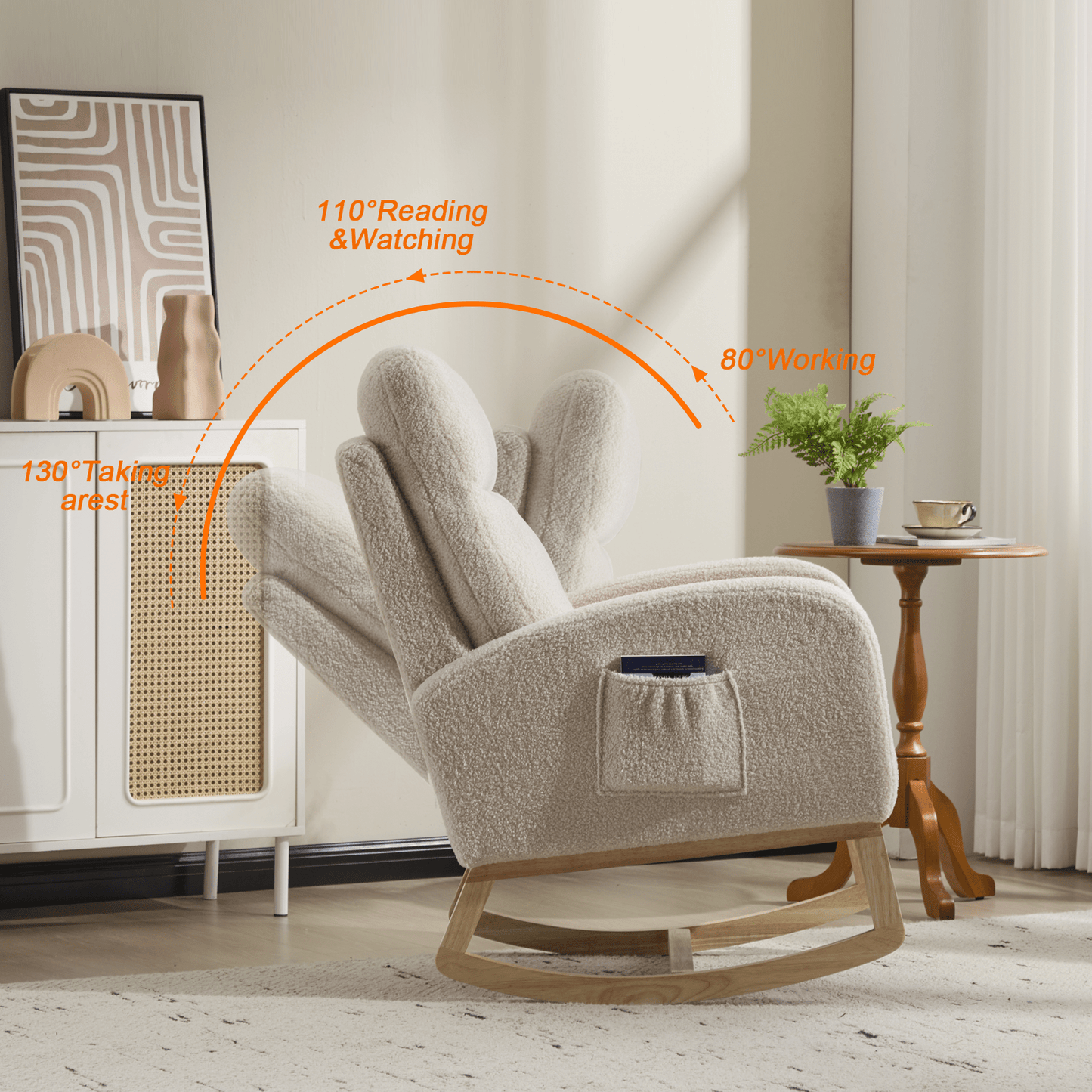 Modern Accent Rocking Chair Rocking Chair with Solid Wood Legs, Upholstered Nursery Glider Rocker, Comfy Armchair with Side Pocket, Living Room Lounge Arm Chair with High Backrest (beige,teddy) - 1st Choice Furniture Direct