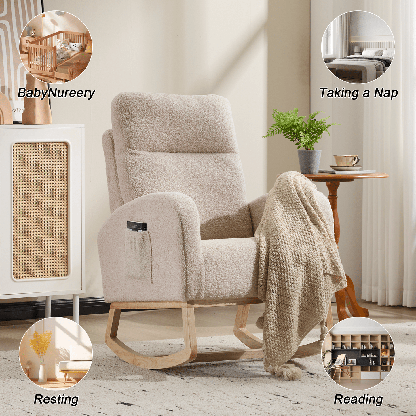 Modern Accent Rocking Chair Rocking Chair with Solid Wood Legs, Upholstered Nursery Glider Rocker, Comfy Armchair with Side Pocket, Living Room Lounge Arm Chair with High Backrest (beige,teddy) - 1st Choice Furniture Direct