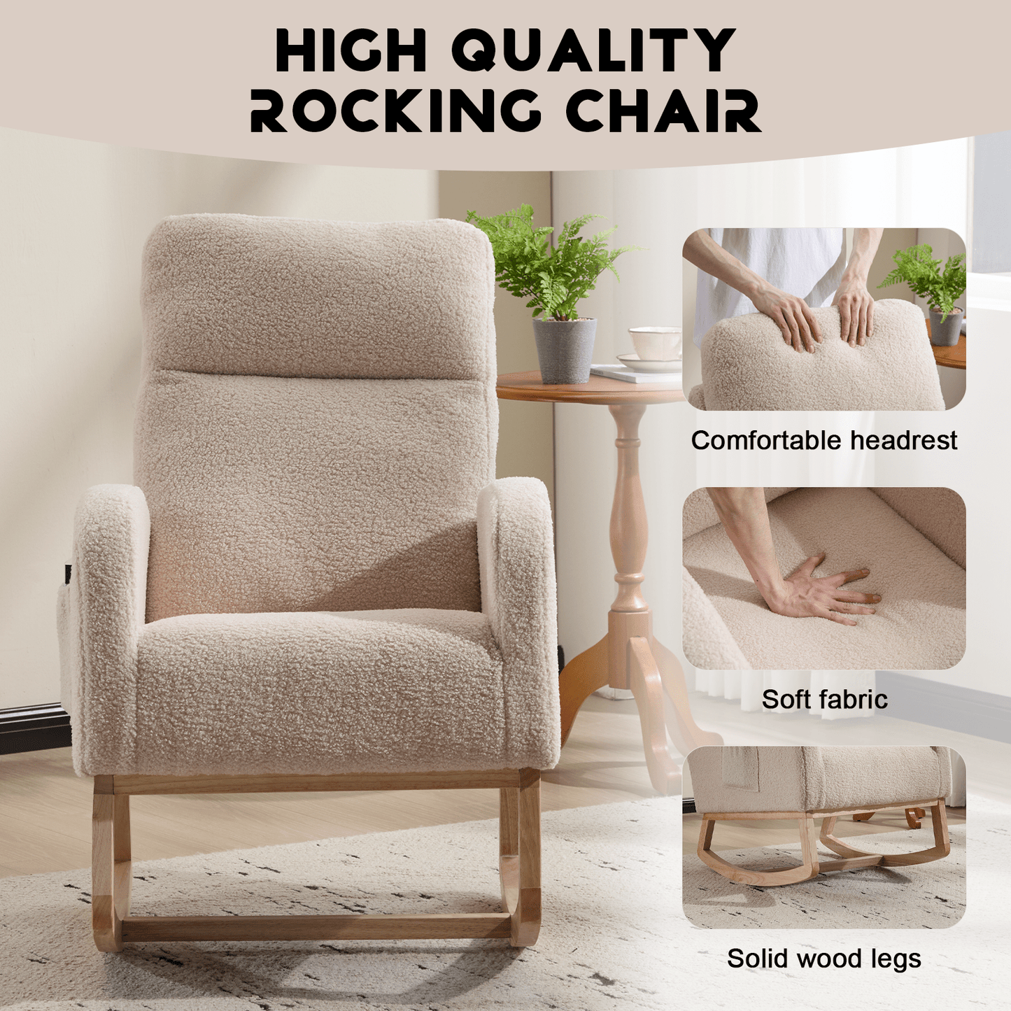 Modern Accent Rocking Chair Rocking Chair with Solid Wood Legs, Upholstered Nursery Glider Rocker, Comfy Armchair with Side Pocket, Living Room Lounge Arm Chair with High Backrest (beige,teddy) - 1st Choice Furniture Direct