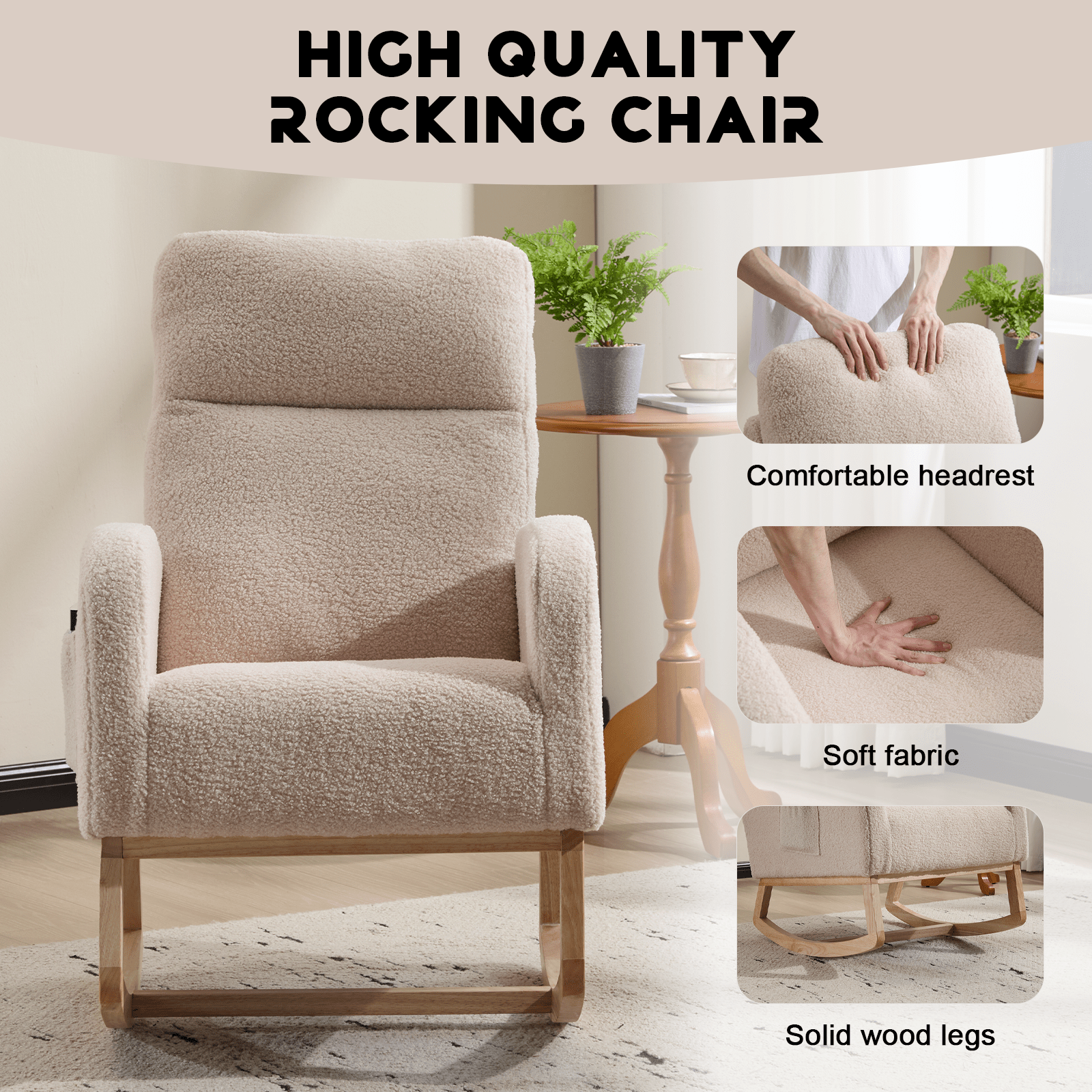 Modern Accent Rocking Chair Rocking Chair with Solid Wood Legs, Upholstered Nursery Glider Rocker, Comfy Armchair with Side Pocket, Living Room Lounge Arm Chair with High Backrest (beige,teddy) - 1st Choice Furniture Direct