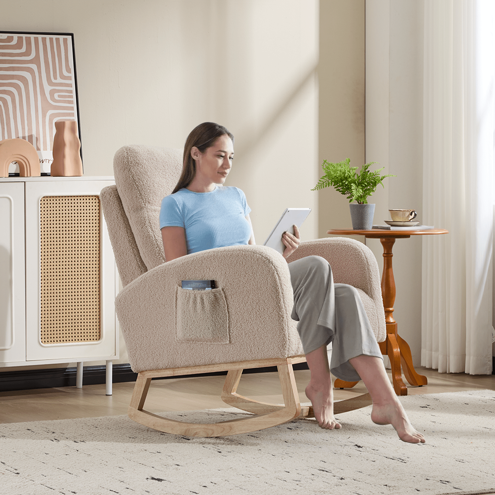 Modern Accent Rocking Chair Rocking Chair with Solid Wood Legs, Upholstered Nursery Glider Rocker, Comfy Armchair with Side Pocket, Living Room Lounge Arm Chair with High Backrest (beige,teddy) - 1st Choice Furniture Direct