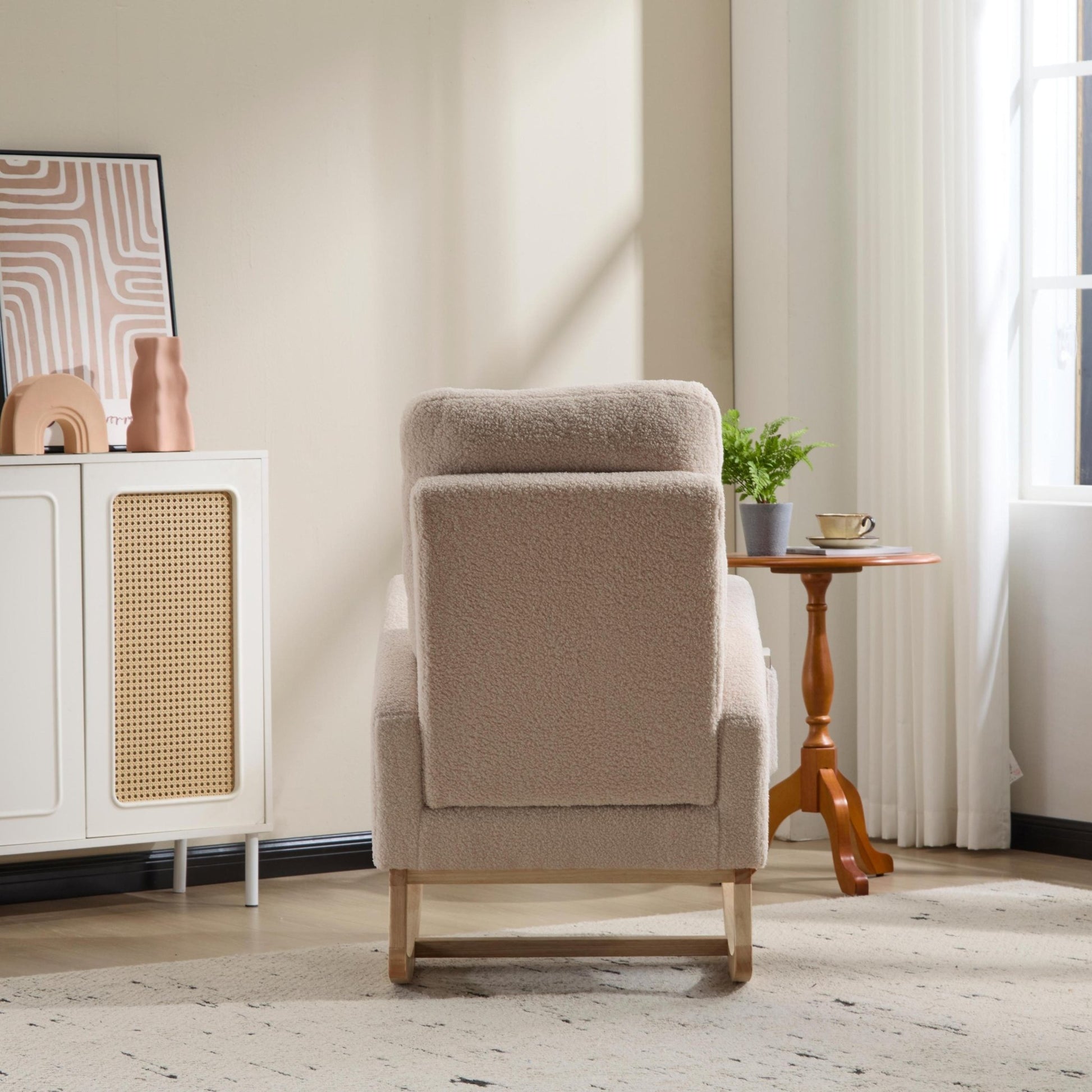 Modern Accent Rocking Chair Rocking Chair with Solid Wood Legs, Upholstered Nursery Glider Rocker, Comfy Armchair with Side Pocket, Living Room Lounge Arm Chair with High Backrest (beige,teddy) - 1st Choice Furniture Direct